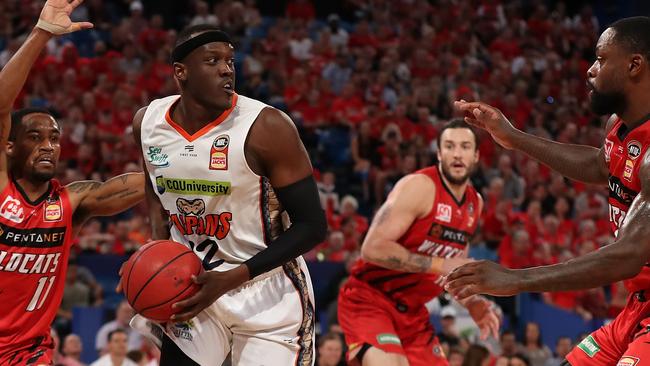 PERTH, AUSTRALIA – MARCH 05: Kouat Noi of the Taipans looks to pass the ball during game three of the NBL Semi Final Series between the Perth Wildcats and the Cairns Taipans at RAC Arena on March 05, 2020 in Perth, Australia. (Photo by Paul Kane/Getty Images)