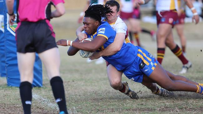 Levi Osei scores for Campbelltown City against Thirlmere Roosters. Picture: Steve Montgomery