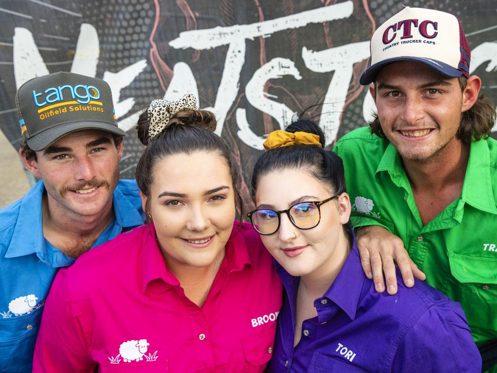 At Meatstock are (from left) Matthew White, Brooklyn Fox, Tori Lloyd and Travis Coombs at Toowoomba Showgrounds, Saturday, April 9, 2022. Picture: Kevin Farmer