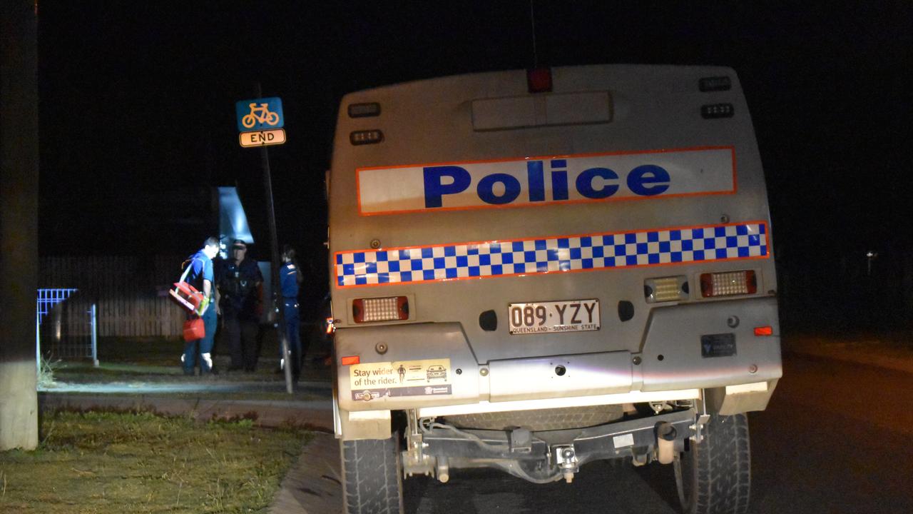 Queensland Police set up an exclusion zone in Calliope last night after live powerlines were brought down in Arcadia and Morcombe Streets. Picture: Zizi Averill