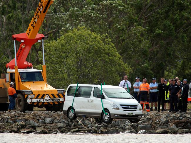 Police recover a van from the Tweed River at Tumbulgum where a mother and her children plunged into the water. Picture: Nathan Edwards