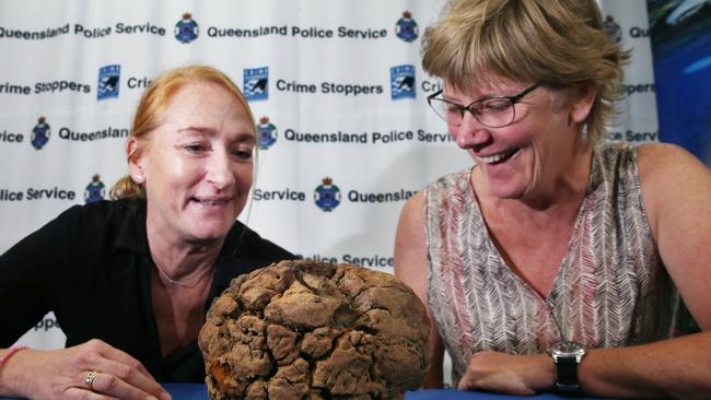 Sisters Celilia Boissevain and Ghis Gallo from family business The Crystal Caves in Atherton were reunited with the stolen meteorite last year. Picture: Brendan Radke