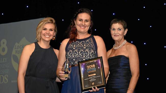 FLASHBACK: Employee of the year Ellisha Freeman (centre) with host Edwina Bartholomew and LVRC mayor Tanya Milligan, at the 2018 Lockyer Valley Business, Training and Apprenticeship Awards. Picture: ALI KUCHEL