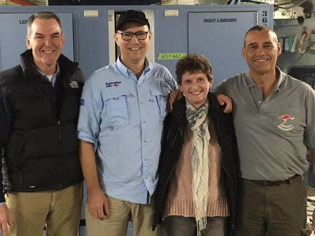 Thailand cave diving hero Dr Richard Harris pictured with MEDSTAR Andrew Pearce, wife Fiona and Craig Challen after returning home on a RAAF C17. Picture: Facebook