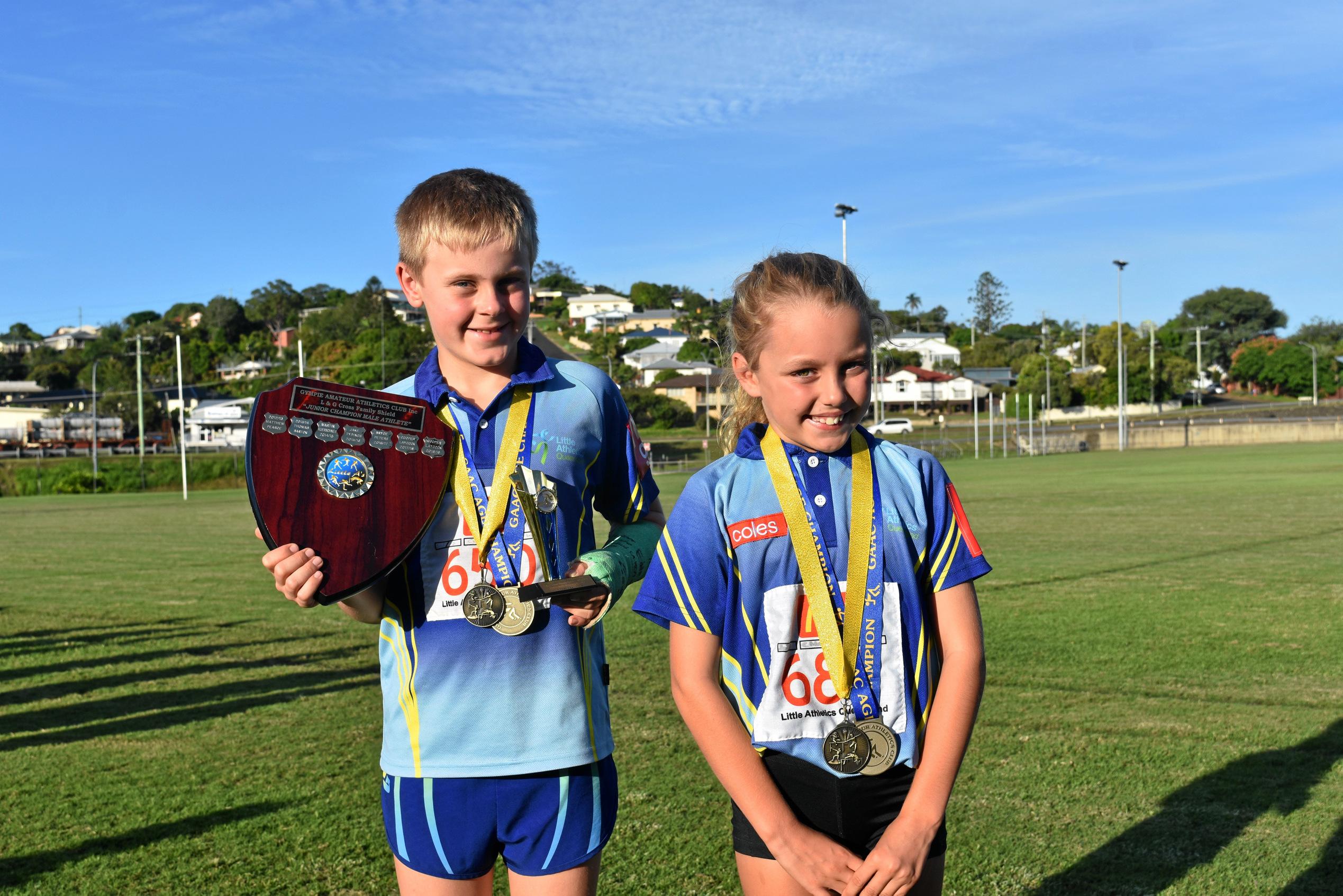 Athletics - Under 9 boys age champion, Friday Night competition winner and L and G Cross Family Shield Junior Male Athlete under 8 - under 11 winner Cooper Laycock and Under 9 age champion and Friday Night competition under 9 girls winner Charlotte Reed. Picture: Bec Singh