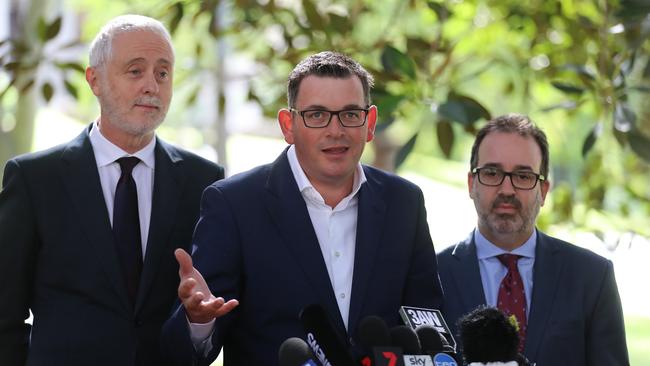 This rorting life: Victorian Premier Daniel Andrews faces the media in reaction to Labor Rorts Report. Special Minister of State Gavin Jennings, left, and Attorney-General Martin Pakula by his side. Picture: Alex Coppel.