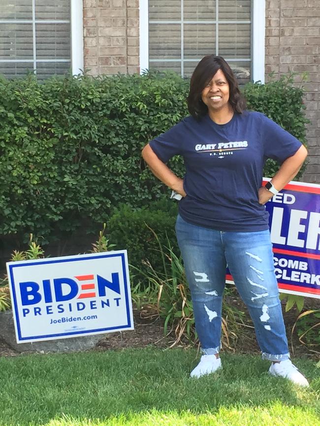 Simone Babridge in southern Michigan is the lone person in her street with a Biden sign in the front yard