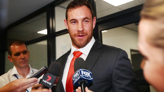 Shane Mumford was a happy man after his tribunal hearing. Picture: Getty