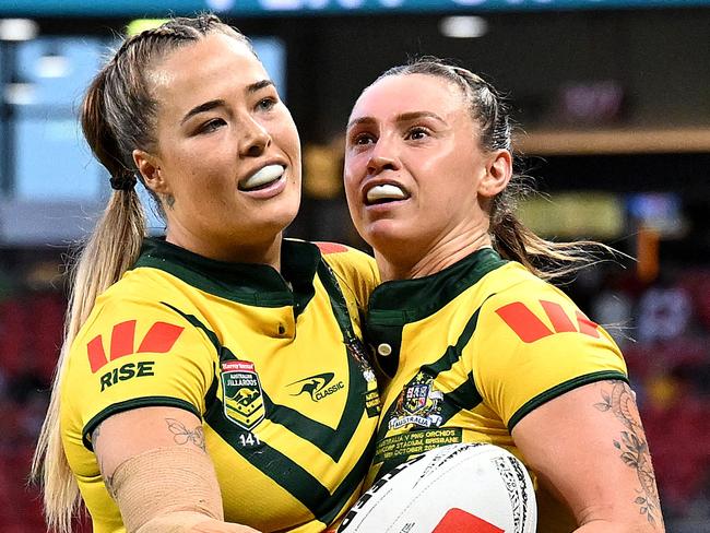 BRISBANE, AUSTRALIA - OCTOBER 18: Julia Robinson of the Jillaroos celebrates after scoring a try during the women's 2024 Pacific Championships match between Australia Jillaroos and PNG Orchids at Suncorp Stadium on October 18, 2024 in Brisbane, Australia. (Photo by Bradley Kanaris/Getty Images)