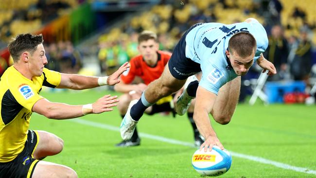 Archie Saunders scoring on debut in round seven of the Super Rugby Pacific match between Hurricanes and Waratahs. Picture: Hagen Hopkins/Getty Images