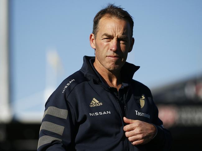 LAUNCESTON, AUSTRALIA - JULY 10: Hawks head coach Alastair Clarkson looks on before the round 17 AFL match between Hawthorn Hawks and Fremantle Dockers at University of Tasmania Stadium on July 10, 2021 in Launceston, Australia. (Photo by Daniel Pockett/AFL Photos/via Getty Images)