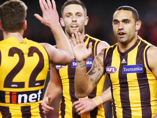 MELBOURNE, AUSTRALIA - AUGUST 18: Shaun Burgoyne of the Hawks celebrates a goal during the round 22 AFL match between the St Kilda Saints and Hawthorn Hawks at Etihad Stadium on August 18, 2018 in Melbourne, Australia.  (Photo by Michael Dodge/Getty Images)