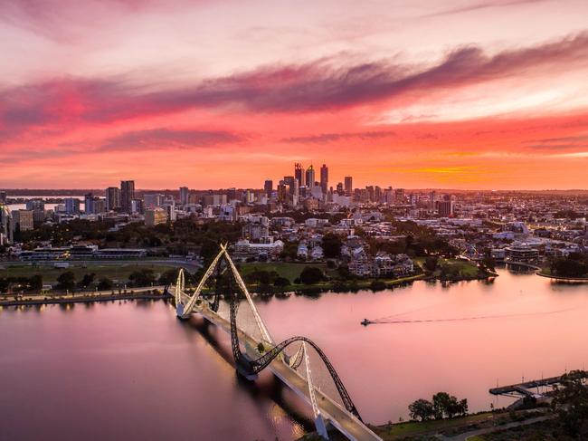 Aerial View of the sun rising above Matagarup Bridge, PerthPhoto - Tourism WAEscape13 March 2022