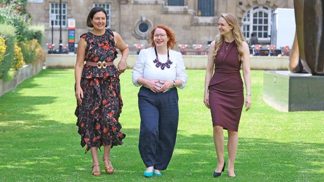 Louise Mulley, CEO of Britain-Australia Society, Verity Barton, corporate affairs adviser/president of the Australian Liberals Abroad and Sarah Gall, data analyst, will be voting in this week’s UK election. Picture: Nigel Howard