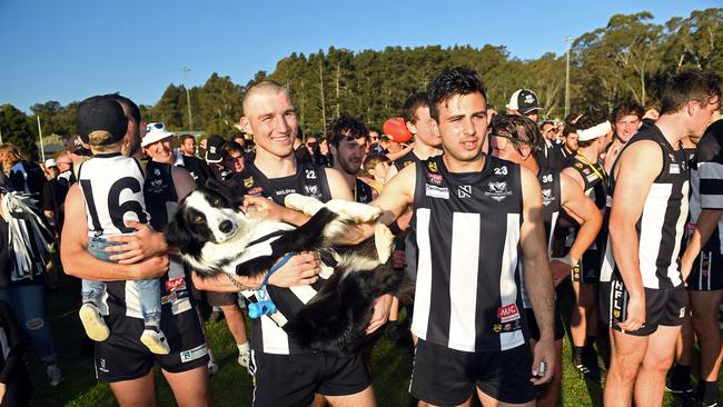 Hahndorf player Troy Parker-Boers (left) after winning one of many Magpie premierships. Picture: Tom Huntley