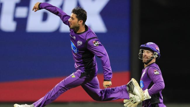 Qais Ahmad celebrates a wicket during last year’s Big Bash league. Picture: AAP