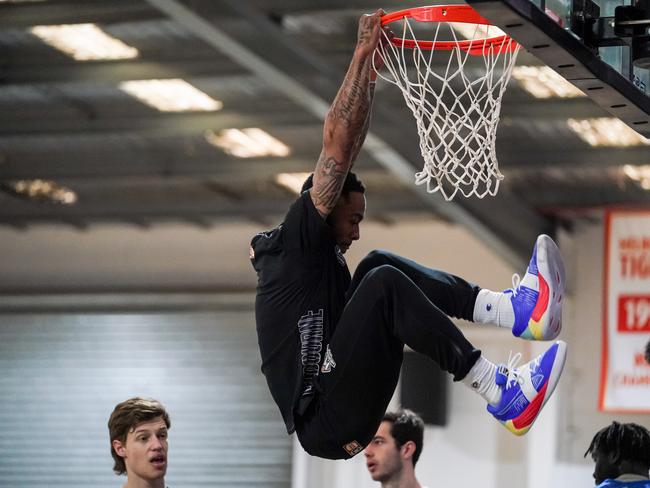 Rayjon Tucker shows off his considerable hops. Picture: Melbourne United Media