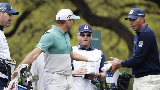 Sergio Garcia, second from left and Matt Kuchar, right, discuss on the eighth hole what had happened on the seventh green, during the Dell Technologies Match Play Championship. Picture: AP Photo/Eric Gay