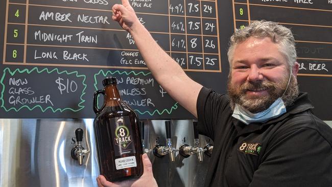 Trent Hislop's 8 Track Brewery has eight beers on tap which can be taken home in their generously-sized growlers. Picture: Kiel Egging.