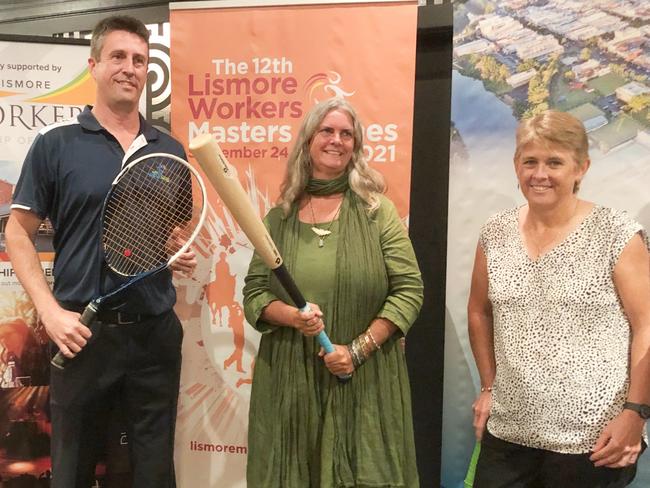 MASTERS GAMES: Masters Games chair Matthew Barlow with Lismore mayor Cr Vanessa Ekin (centre)  and cricket great Lyn Larsen (right) celebrate the launch of the Lismore Masters games at the Lismore Workers Club on April 22, 2021. Photo: Alison Paterson