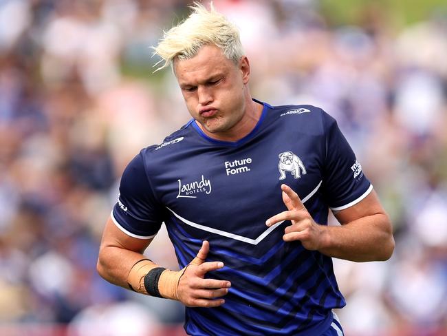 SYDNEY, AUSTRALIA - MARCH 23: Liam Knight of the Bulldogs warms up prior to the round three NRL match between Canterbury Bulldogs and Gold Coast Titans at Belmore Sports Ground, on March 23, 2024, in Sydney, Australia. (Photo by Brendon Thorne/Getty Images)