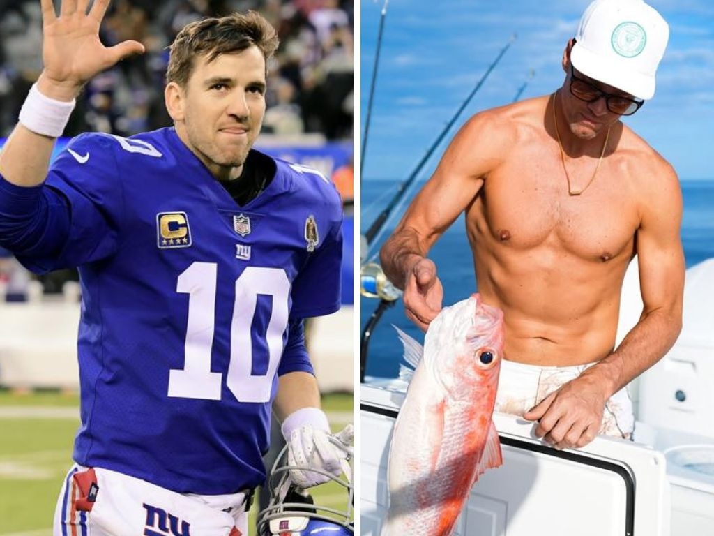 Eli Manning and Tom Brady in his fishing post. Photos: AFP/Instagram