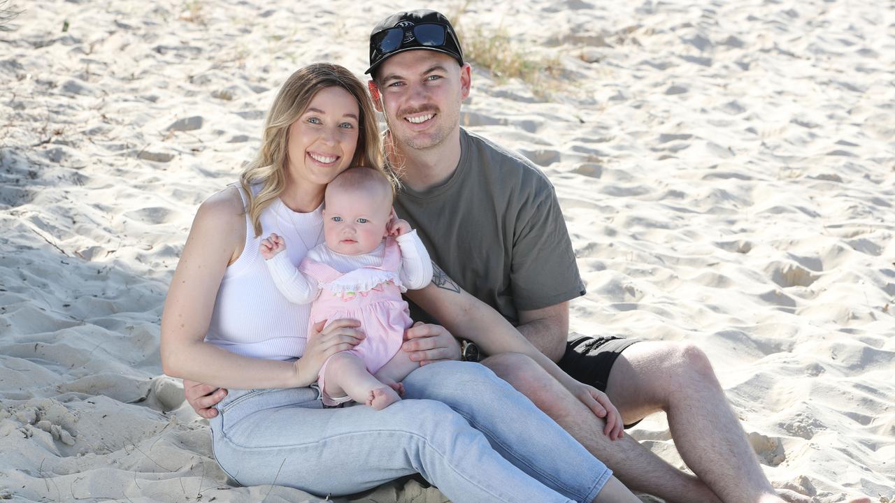 Sarah Shaddick with baby Halle and fiance Luke. Picture: Mater Hospital