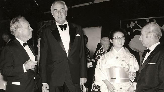 Founding chair of the Australia Council HC (Nugget) Coombs, left, Gough Whitlam, artist Minami Tada and Franco Belgiorno-Nettis at the Biennale of Sydney’s opening in 1973.