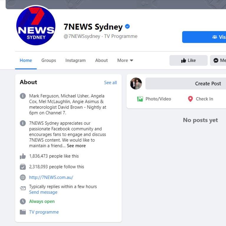 One of 7 News many Facebook accounts that has been scrubbed of content.