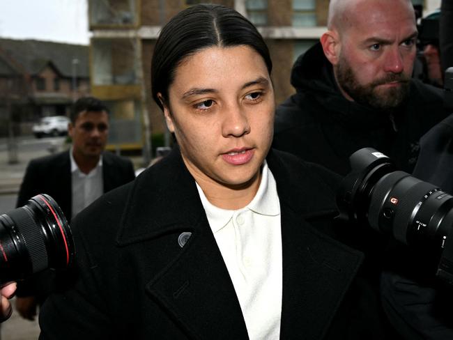 TOPSHOT - Chelsea's Australian striker Sam Kerr arrives at Kingston Crown Court in south London on February 11, 2025. Prosecutors in the trial of Kerr, who called a police officer "stupid and white", have asked the jury if perceptions would be different had she said "stupid and black". The Australia captain is on trial charged with causing racially aggravated harassment, which she denies, to police constable Stephen Lovell during an incident in southwest London in the early hours of January 30, 2023. (Photo by JUSTIN TALLIS / AFP)