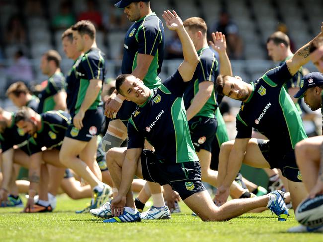 Jarryd Hayne limbers during Australian Kangaroos league team training at Jubliee Oval, Kogarah