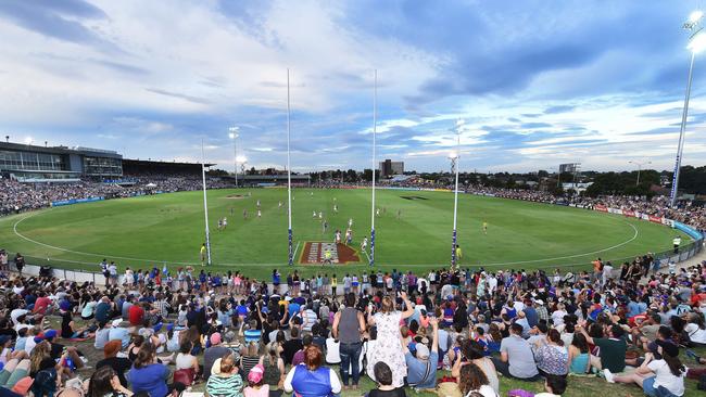 Fans watch an AFLW game at Whitten Oval. Picture: Rob Leeson.