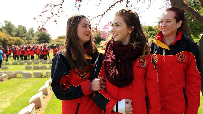 DAY 3. ANZAC celebrations under way in Gallipoli, Turkey for 100th anniversary. Barker private school students and the soloist singers from their choir pictured at Shrapnel Valley. L to R, Sophia Murray-Walker, Georgia Billward and Caitlin Williams.