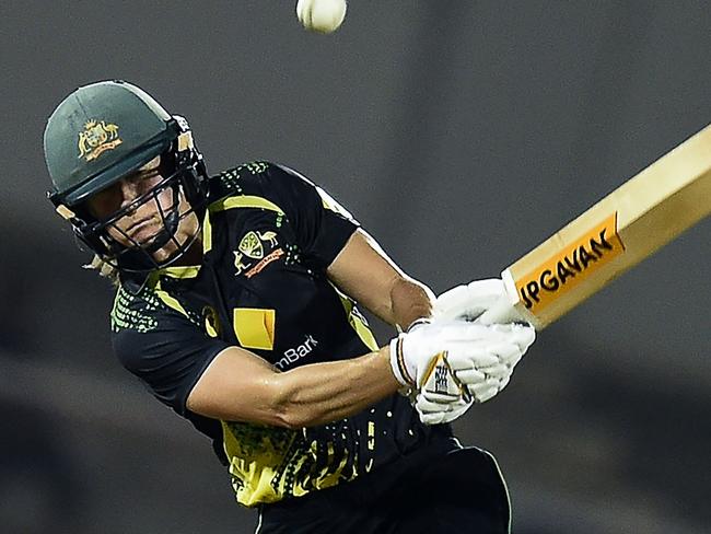 Australia's Ellyse Perry plays a shot during the third womenâs Twenty20 international cricket match between India and Australia in Mumbai on December 14, 2022. (Photo by Punit PARANJPE / AFP) / ----IMAGE RESTRICTED TO EDITORIAL USE - STRICTLY NO COMMERCIAL USE-----