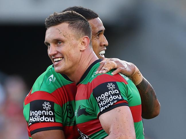 SYDNEY, AUSTRALIA - MARCH 29: Jack Wighton of the Rabbitohs and Michael Chee Kam of the Rabbitohs celebrate winning the round four NRL match between South Sydney Rabbitohs and Canterbury Bulldogs at Accor Stadium, on March 29, 2024, in Sydney, Australia. (Photo by Cameron Spencer/Getty Images)