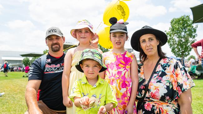 Brad and Lauren Crean with their kids (from left) Piper, Theodore and Evelyn at Wellcamp Airport 10th anniversary community day, Sunday, November 10, 2024. Picture: Kevin Farmer