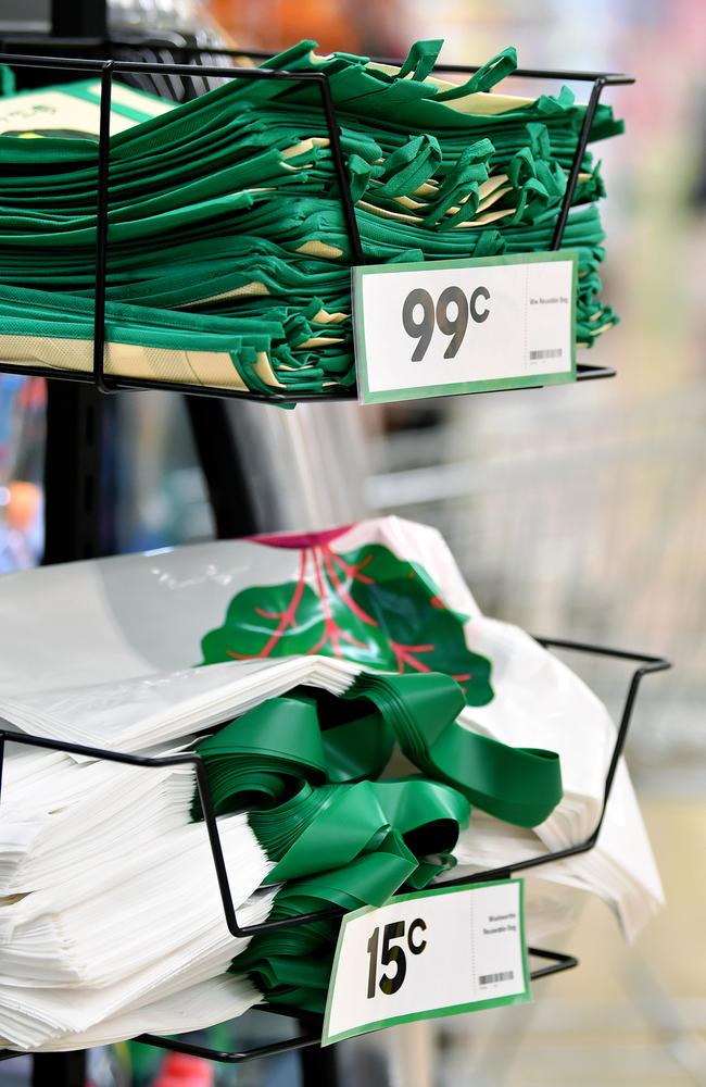 Environmentally-friendly shopping bags for sale at Woolworths. Picture: AAP Image/Joel Carrett