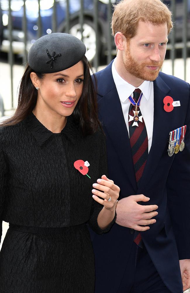 The Duke of Cambridge, Prince Harry and Meghan Markle attend an Anzac Day Service of Commemoration and thanksgiving at Westminster Abbey. Picture: Mega