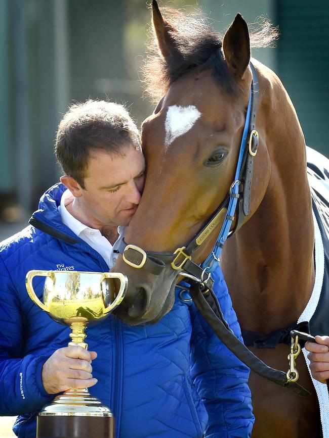 Charlie Appleby with Melbourne Cup winner Cross Counter at Werribee. Picture: Nicole Garmston