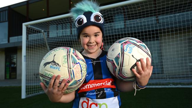 Gisela Moro, 6, at Adelaide Comets FC. Picture: NCA NewsWire / Naomi Jellicoe