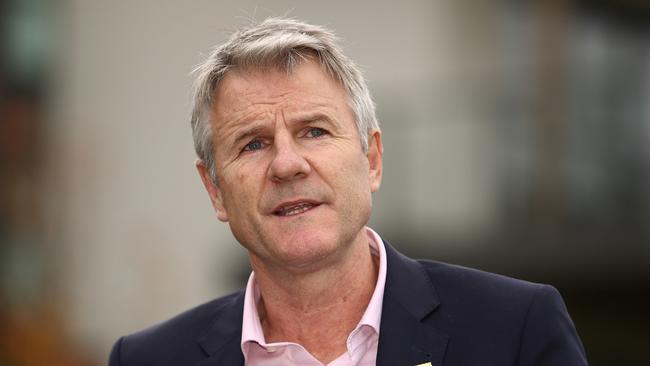 MELBOURNE, AUSTRALIA - MAY 31: Hawthorn Hawks President Andy Gowers speaks to the media at Waverley Park on May 31, 2023 in Melbourne, Australia. (Photo by Robert Cianflone/Getty Images)