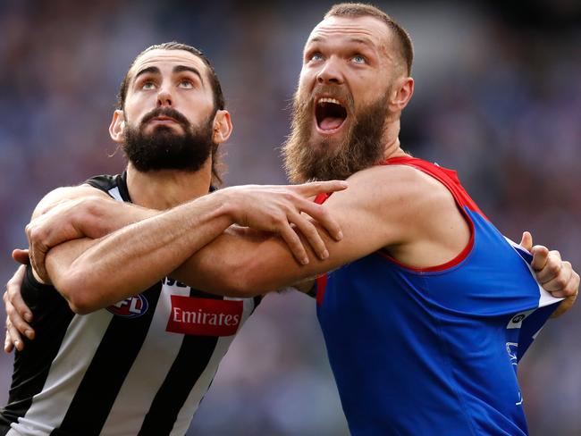 MELBOURNE, AUSTRALIA - JUNE 10: Brodie Grundy of the Magpies and Max Gawn of the Demons compete for the ball during the 2019 AFL round 12 match between the Collingwood Magpies and the Melbourne Demons at the Melbourne Cricket Ground on June 10, 2019 in Melbourne, Australia. (Photo by Michael Willson/AFL Photos via Getty Images)