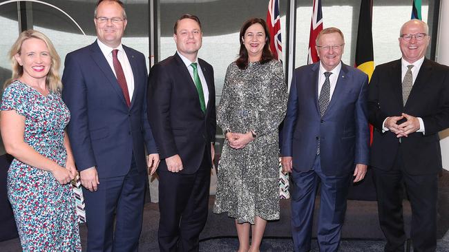 The SEQ 2032 leadership group (from left) Kate Jones, Ted O'Brien, Adrian Schrinner, Premier Annastacia Palaszczuk, AOC president John Coates and Mark Jamieson. Picture: Annette Dew