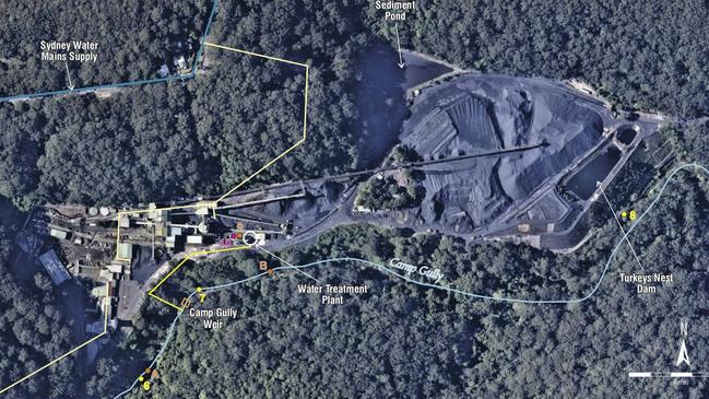 Image of the Colliery from official Peabody documentation: Camp Gully Creek is a small stream shown in this image by the light blue line tracing its path from along the back of the mine site. The stream joins the Hacking River, and from there the water flows through to Audley Weir. Downstream from Audley the river enters Port Hacking. Picture: Supplied