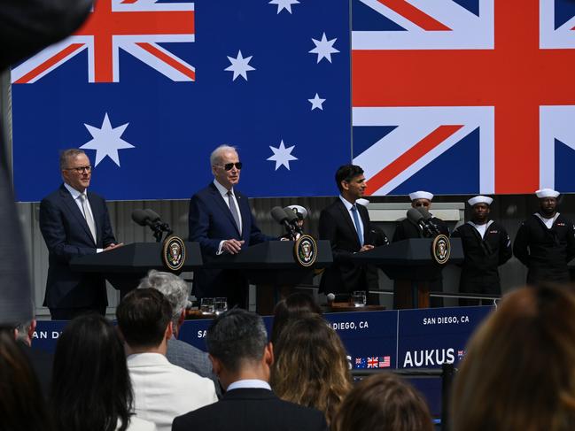 SAN DIEGO, CA - MARCH 13: U.S. President Joe Biden delivers remarks on Australia ÃÂ¢ United Kingdom ÃÂ¢ United States (AUKUS) Partnership as Prime Minister Rishi Sunak of the United Kingdom and Prime Minister Anthony Albanese of Australia participate at Naval Base Point Loma in San Diego, California, United States on March, 13, 2023. (Photo by Tayfun Coskun/Anadolu Agency via Getty Images)