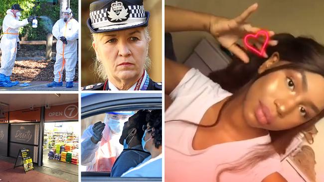 Far right: Olivia Winnie Muranga, 19, is one of two Queensland teens who tested positive to coronavirus after a trip to Melbourne. Clockwise from top left: A school in Queensland is deep-cleaned, Queensland Police Commissioner Katarina Carroll; Queenslanders are tested for coronavirus; An African supermarket that was closed following a visit from Olivia Winnie Muranga.