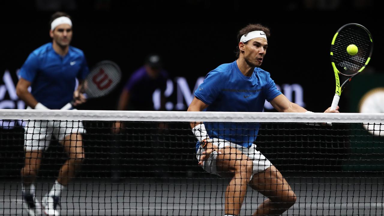 Roger Federer and Rafael Nadal played doubles for Team Europe at the Laver Cup in 2017. Picture: Julian Finney/Getty Images