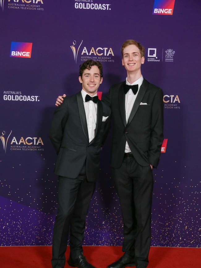 GOLD COAST AUSTRALIA - NewsWire Photos FEBRUARY 10, 2024: Austin and Lachlan Macfarlane arrives on the Red Carpet at the 2024 Aacta Awards at HOTA on the Gold Coast. Picture: NCA NewsWire / Glenn Campbell