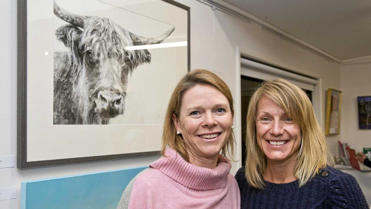 Amber Hassall (left) and Rose Gordon check out the artworks on display. Picture: Nev Madsen