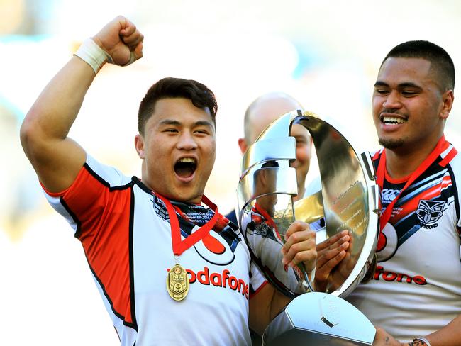 Mason Lino and Sam Lisone , Co Captains of the Warriors Holden Cup team, celebrate their Grand Final Victory over the Brisbane Broncos at ANZ Stadium, Sydney. pic Mark Evans